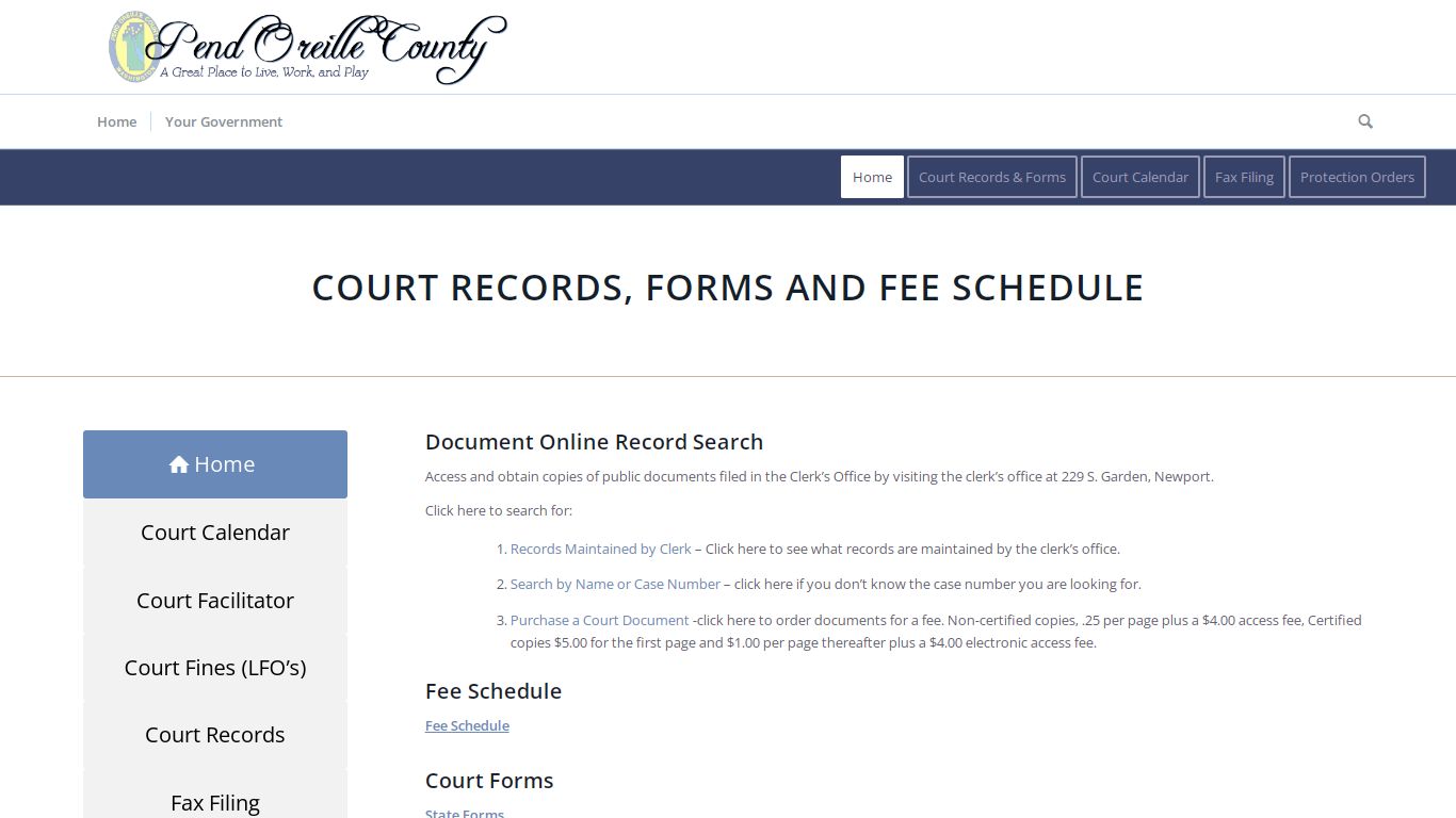 Court Records, Forms and Fee Schedule - Pend Oreille County, Washington
